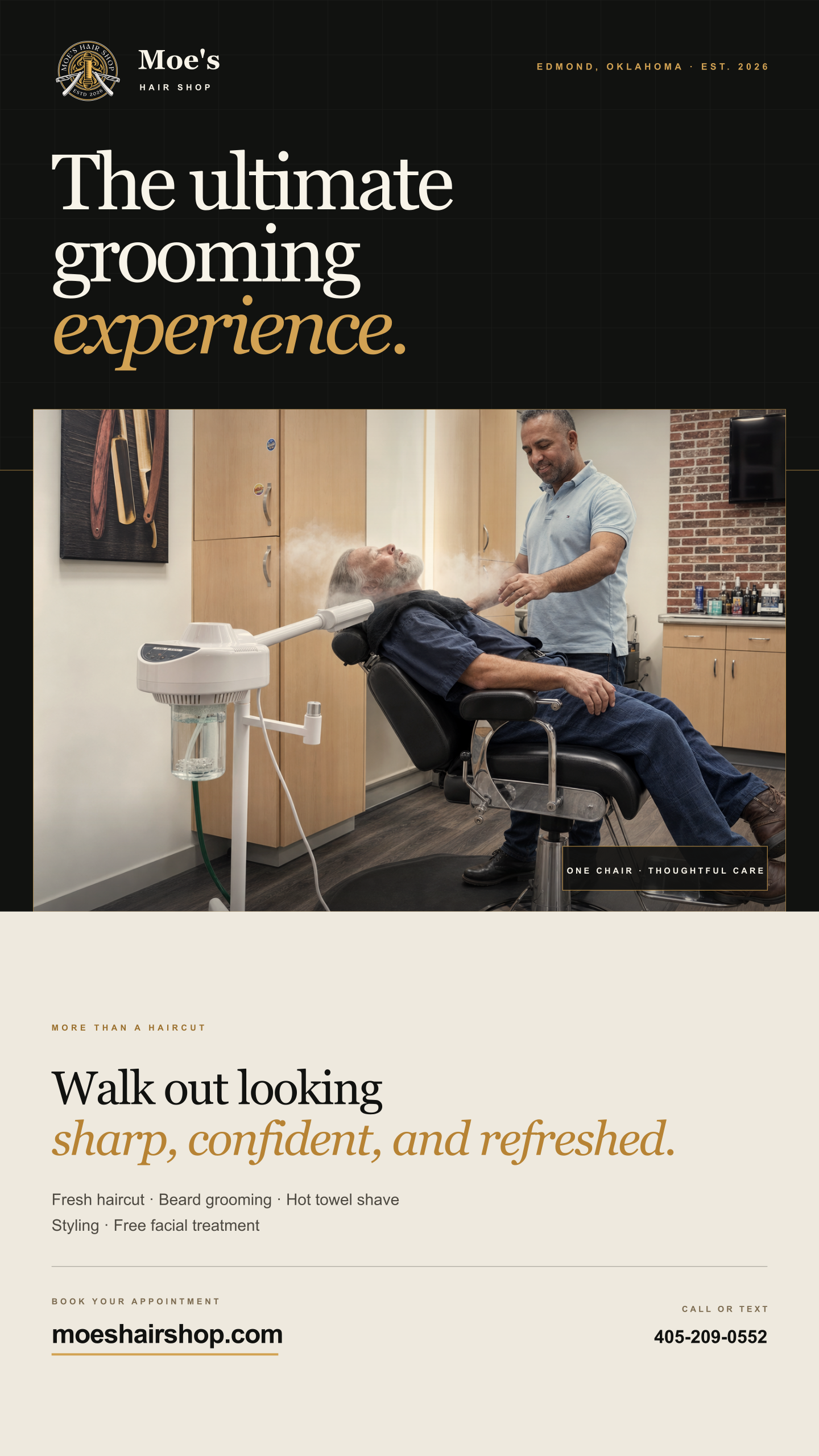 Ultimate grooming experience with a fresh haircut, beard grooming, hot towel shave, styling, and facial treatment